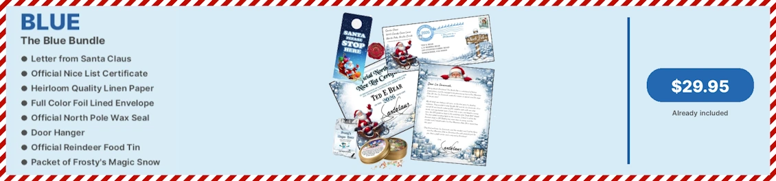 Blue Bundle, letter from Santa, linen paper, foil envelope, and door hanger, North Pole was seal, official 