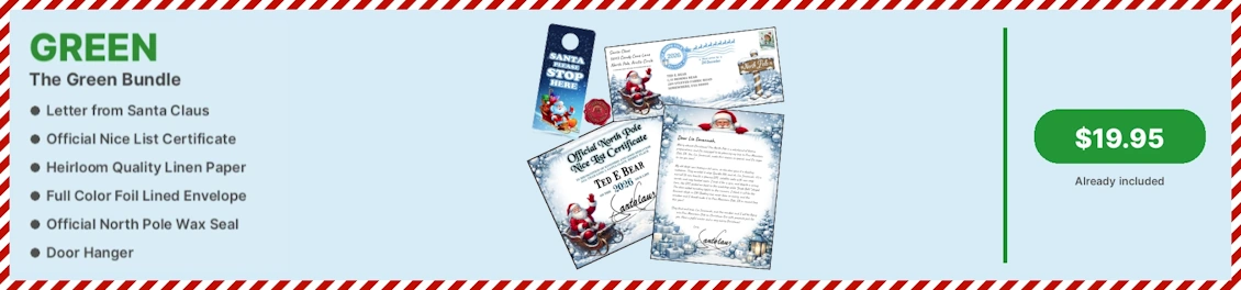 Green Bundle, letter from Santa, linen paper, foil envelope, and door hanger, North Pole was seal, official 