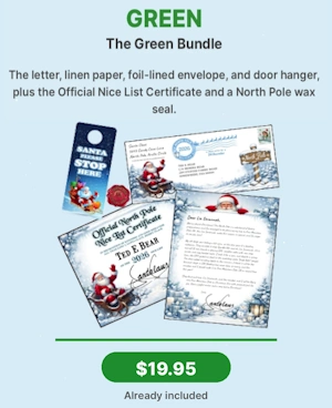 Green Bundle, letter from Santa, linen paper, foil envelope, and door hanger, North Pole was seal, official 