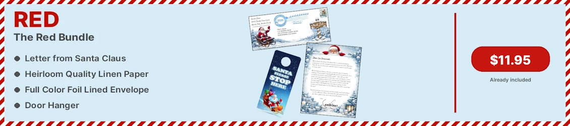 Red Bundle, letter from Santa, linen paper, foil envelope, and door hanger, $11.95