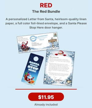 Red Bundle, letter from Santa, linen paper, foil envelope, and door hanger, $11.95
